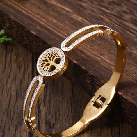 Women's Luxury Designer Bangle Stainless Steel Tree of Life Cuff Bracelet for Women