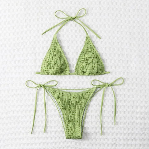 Elegant Green Hanging Neck Bikini Swimsuit
