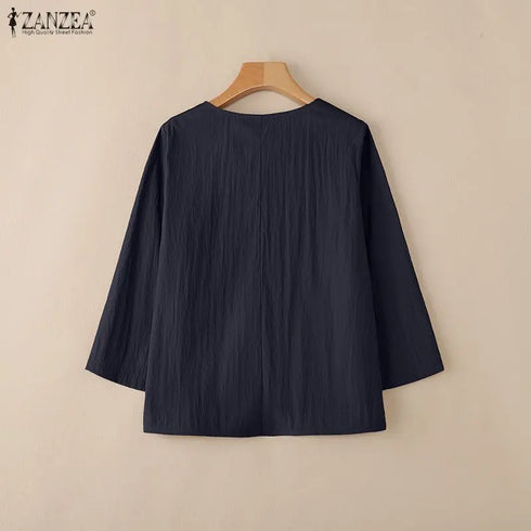 2025 ZANZEA Autumn Blouse Women V Neck Long Sleeve Tops Casual Solid Loose Shirt Female OL Work Blouses Retro Tunic Blusas Mujer