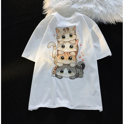 Cute Cartoon Cat Printed Short-Sleeved T-Shirt