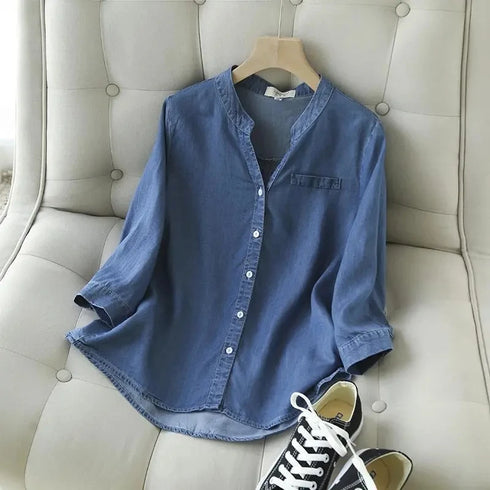 Blue Denim Lyocell Casual V-Neck Blouse