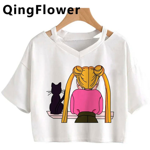 Kawaii Anime Cartoon Tee for Women - V-Neck Short Sleeve Top