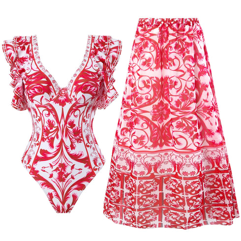 Floral Print One Piece Swimsuit with Skirt