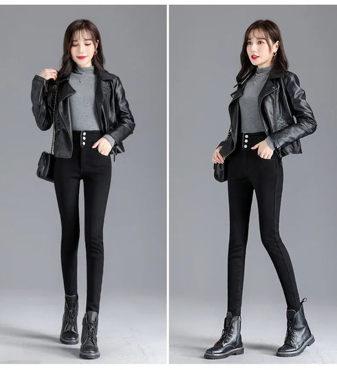 Women's Fleece-Lined High-Waisted Slim Fit Jeans