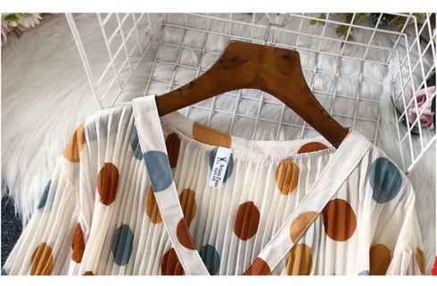 Polka Dot V-Neck Chiffon Blouse with Lantern Sleeves