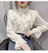 Korean Style Ruffle Stitching Lace Blouse Fashion Long Sleeve Loose Chiffon Shirt Elegant Stand Collar Pleated Tops Blusas 15832