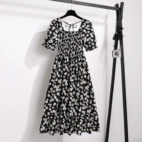 Floral A-Line Chiffon Dress with Short Sleeves