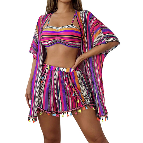 4-Piece High Waisted Bikini Set with Kimono