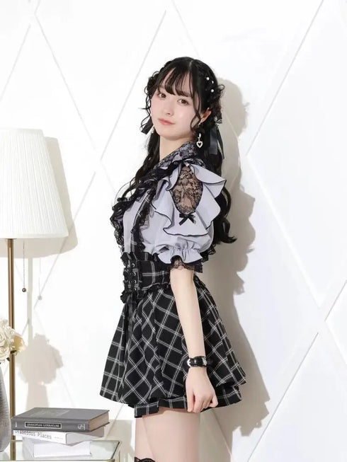 Noemi Inspired Ruffle Bow Top - Japanese Dark Femme Off-Shoulder Blouse, Lace Trim Bell Sleeve Shirt for Yami Kawaii & Lolita
