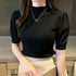 Women's Puff Sleeve Knitted Blouse with Half Turtleneck