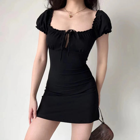 Summer Sexy Mini Dress Women Short Sleeved Lace Up Backless A-Line Casual Bodycon Black Dress for Parties