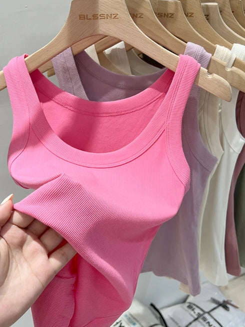 Zjaiss Women Solid Ribbed O Neck Tank Top