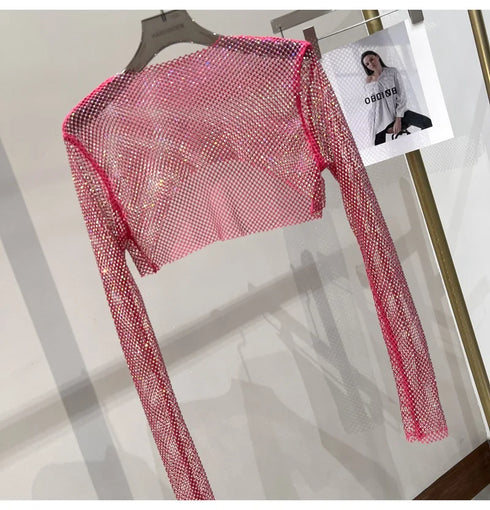 Hollow Out Rhinestone Long Sleeve Crop Top