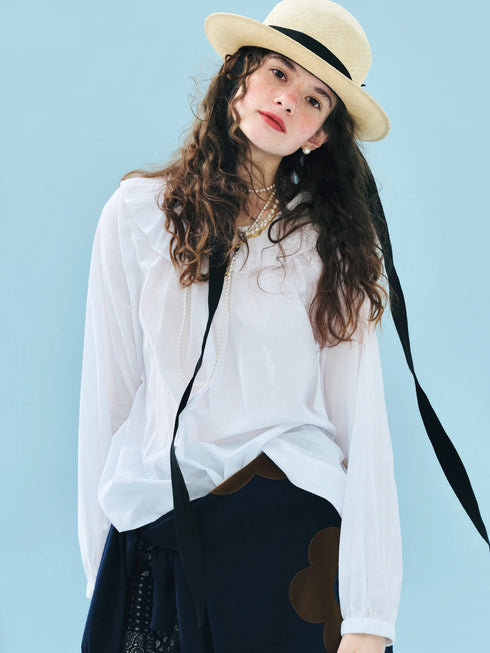 Imakokoni Autumn Loose Cotton T-Shirt with Lace Collar
