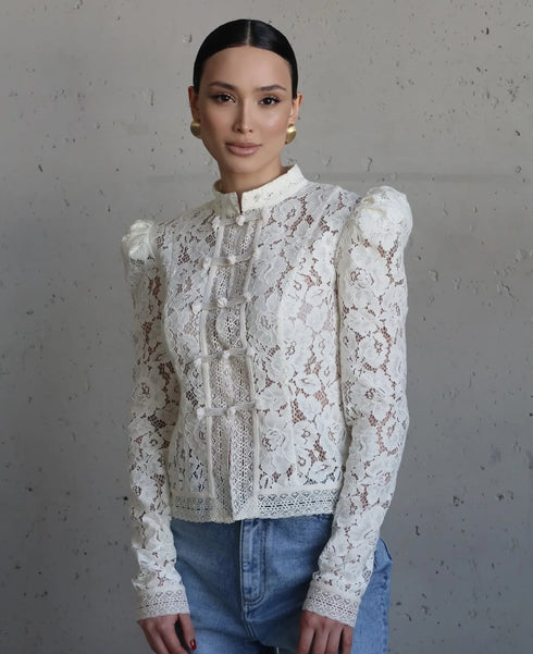 White Lace Hollow Out Blouse for Women