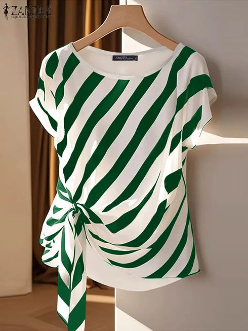 Korean Striped Short Sleeve Blouse for Women