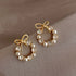 Round Wreath Bow Pearl Stud Earrings Elegant Trend Fashion