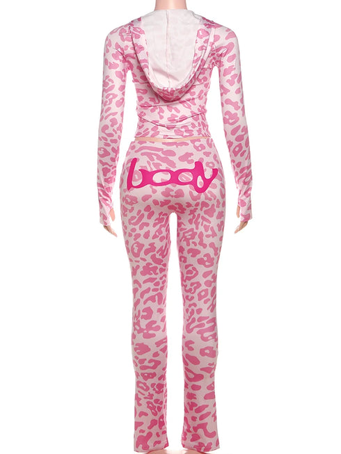 Casual Leopard Print Zip-Up Top and Trousers Set