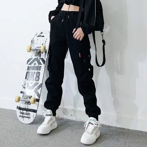 Women's Black Cargo Joggers with Ankle Ties