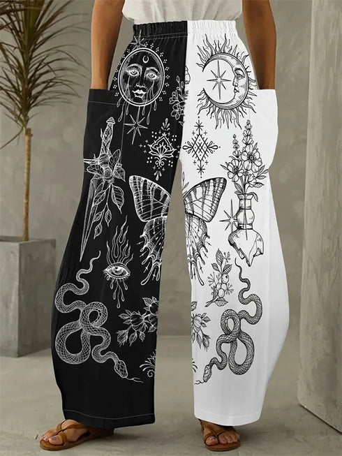 Abstract Star and Moon Print Wide-Leg Pants
