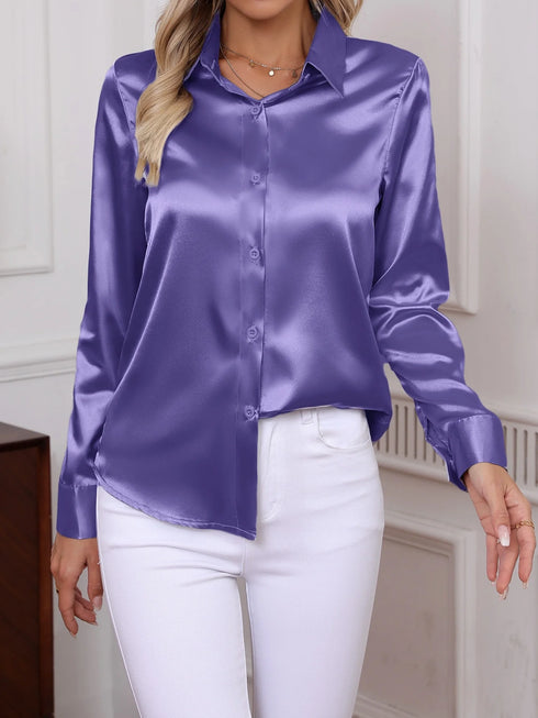 Elegant Turn-down Collar Button-front Satin Long Sleeve Women's Shirt for Daily Commute And Business Casual Wear