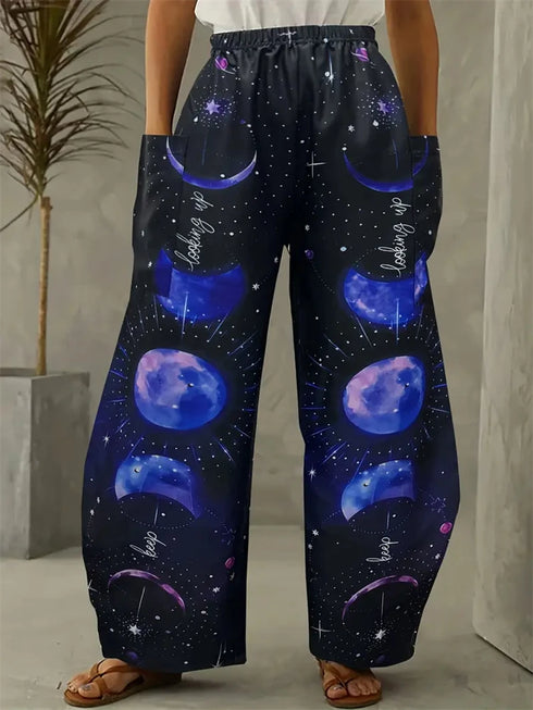 Abstract Star and Moon Print Wide-Leg Pants