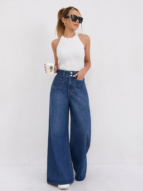 High Waist Wide Leg Denim Trousers for Women
