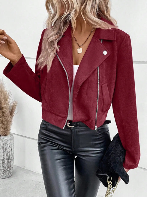 Faux Suede Biker Jacket with Zipper Detail