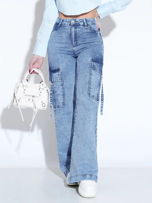 Women's Washed Cargo Jeans with Multiple Pockets