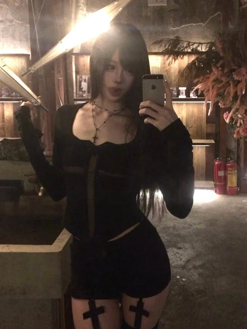 Genayooa Y2k Fairycore T Shirt Women Lace Patchwork Crop Tops Streetwear Japanese 2000s Grunge Tops E-girls Aesthetic Tshirts