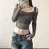 Women's Y2K Streetwear Solid Slash Neck Crop Top Sexy Off-Shoulder Long Sleeve Slim Mesh Tee Straps T-Shirt