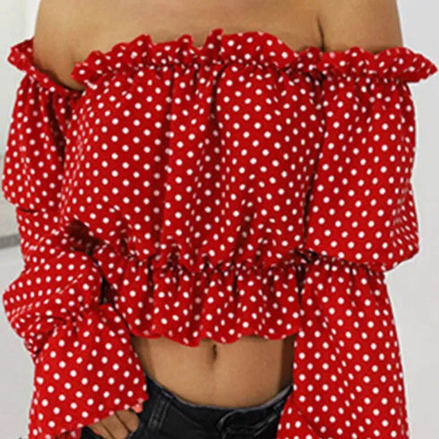 Candy Colour Off Shoulder Crop Top with Dot Print