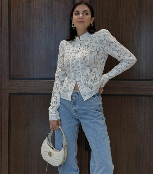 White Lace Hollow Out Blouse for Women