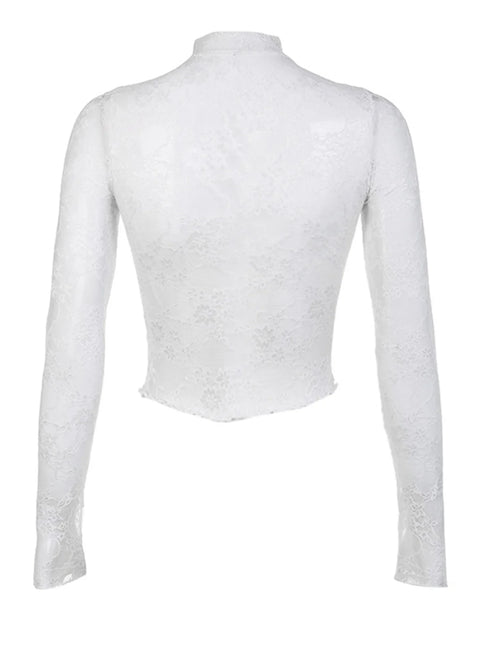 Sexy Lace Blouse Shirts Summer Women Turtleneck Long Sleeve See Through Lace Patchwork Thin Tops