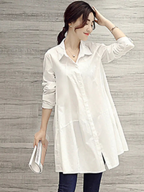 White Casual Oversized Blouses Women 2024 Autumn Korean Fashion Mid Length Winter Loose Long Sleeves Femal Blouses