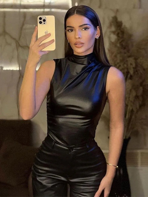 Women Y2K Vintage PU High Waist Sleeveless Tank Top