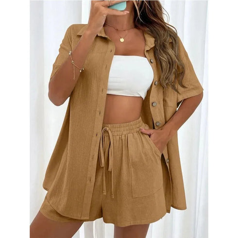 Solid Colour Casual Loose Short Pants Set for Women
