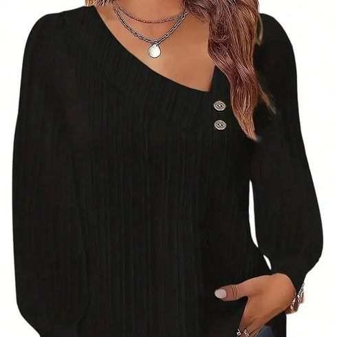 Plus Size Long Sleeve Button-Up Shirt with Skew Collar