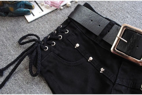 Low Rise Denim Shorts with Lace-Up Detail