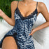 Lace Trim Leopard Nightdress with V Neck and Backless Design