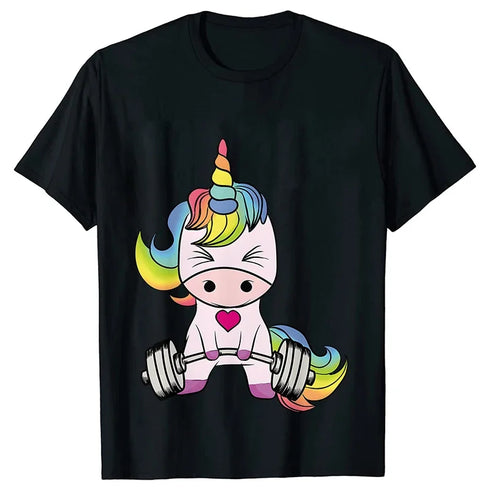 Whimsical Unicorn Weightlifting T-Shirts for Women | Trendy Fitness Graphic Tees for Summer Workouts