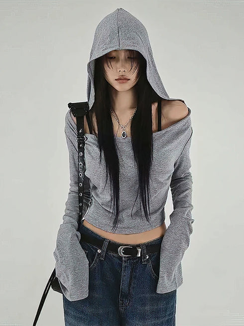 Y2K Grey Cropped Hoodie with Flare Sleeves