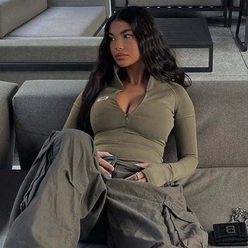 Y2K Long Sleeve Zip Crop Top for Women