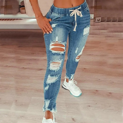 Women's Mid Waist Lace-Up Slim Fit Denim Jeans