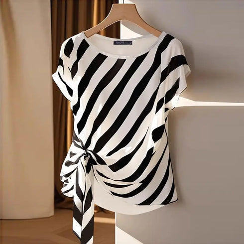 Korean Striped Short Sleeve Blouse for Women