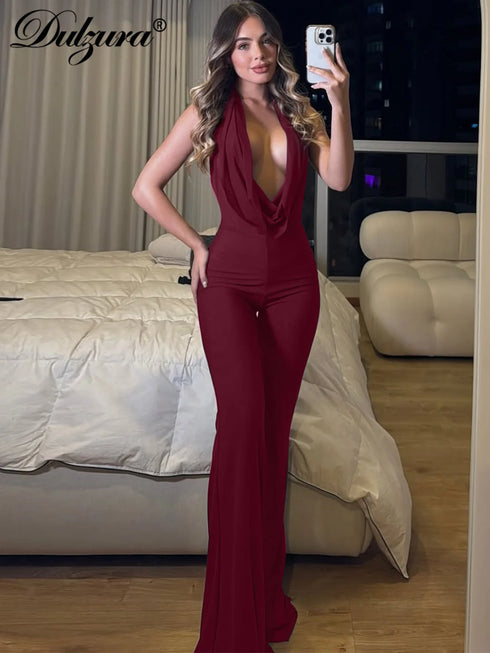 Dulzura Backless Lace-Up Flared Jumpsuit in Wine Red