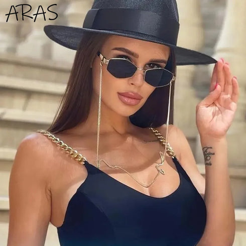 Trendy Retro Hexagon Sunglasses with Chain for Women