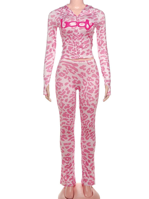 Casual Leopard Print Zip-Up Top and Trousers Set