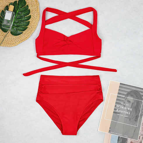 High Waist Halter Bikini Set in Red