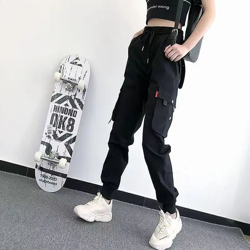 Women's Casual Cargo Joggers - Black & White